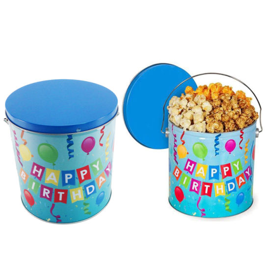Customized Printed Round Christmas Popcorn Tins Bucket Delicate Promotional Metal Popcorn Packaging Tin with Lid